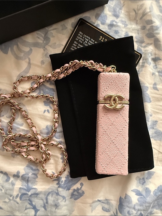 CHANEL Handbags - CHANEL Pink Caviar Leather Lipstick Chain Necklace with light Gold Hardware